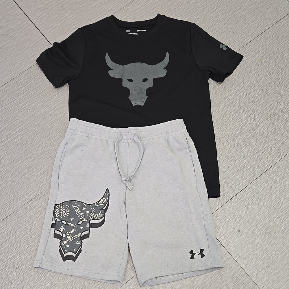 Kids Under Armour Black T-Shirt and Gray Shorts Set -YSM